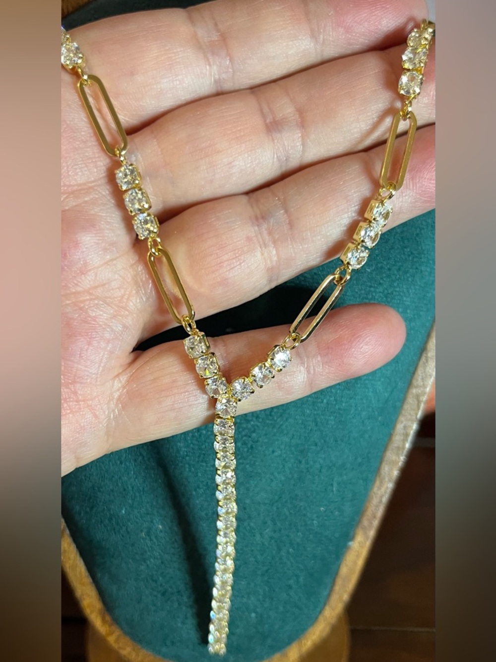 Gold Paperclip & Diamond-like CZ Y-Style Necklace 16-18”; drop is 3”